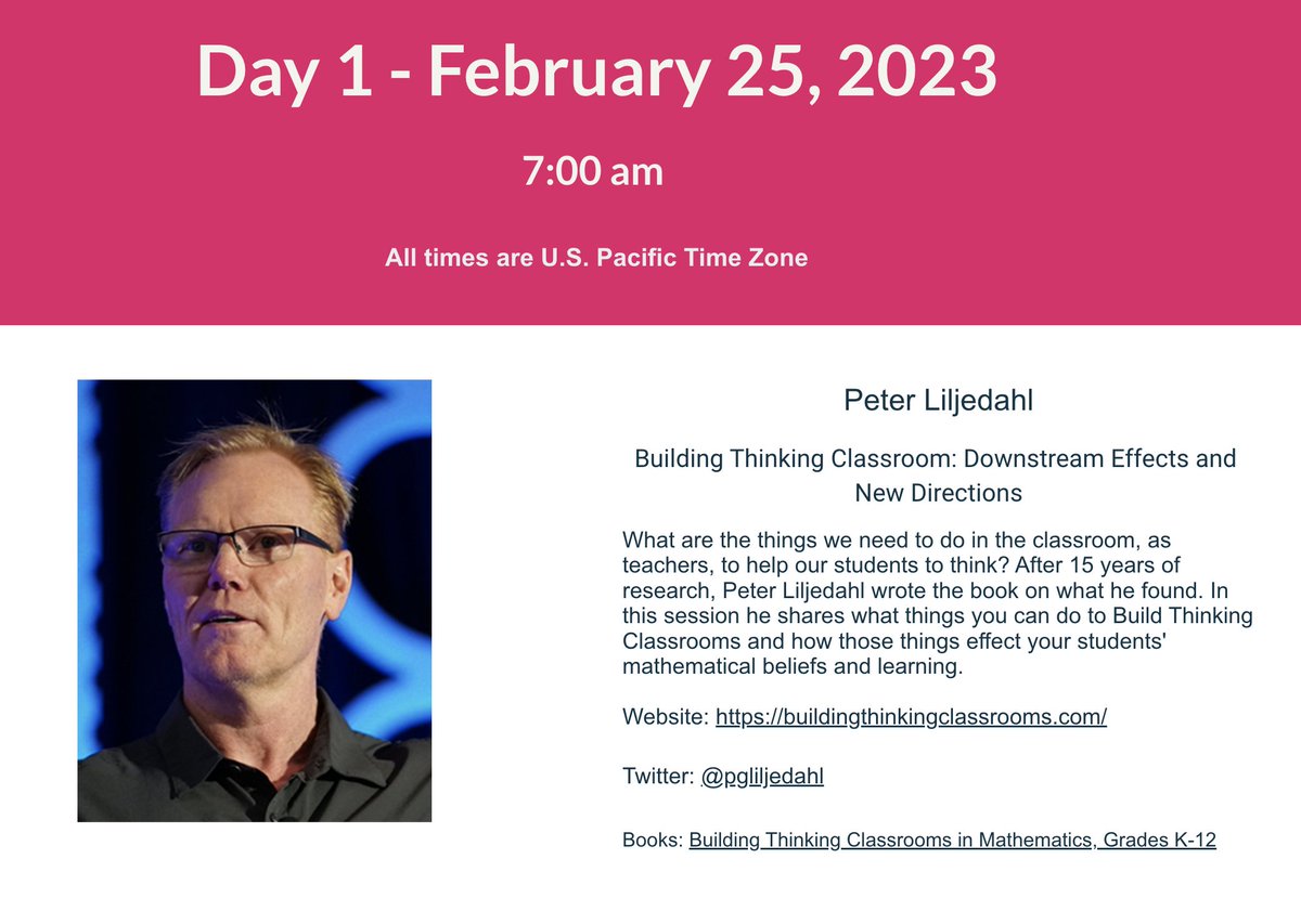 I look forward to this weekend's FREE <a href="/BuildMathMinds/">Christina Tondevold</a> Virtual Math Summit.  Kicks off with <a href="/pgliljedahl/">Peter Liljedahl</a> at 9 am Central.  Great presenters and great information!  
virtualmathsummit.com/schedule/?inf_…