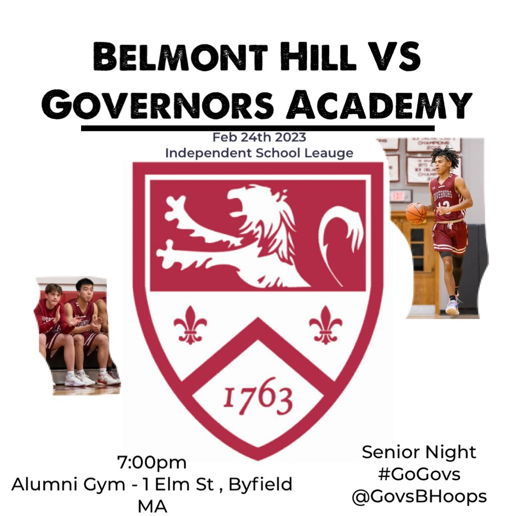 🏀Game Day🏀 - <a href="/GovsAthletics/">Governor's Athletics</a> BVBB Hosts last regular season home game as we celebrate our seniors ‼️

🆚Belmont Hill   (<a href="/BelmontHillbask/">BHS Basketball</a>)
⏰ 7:00pm 
📺 Govs Athletics Youtube 

<a href="/NEPrepBB/">NE Prep Mens Basketball</a> <a href="/NEPSAC/">NEPSAC ®</a> <a href="/ISLSPORTS/">The ISL</a> 
#GoGovs