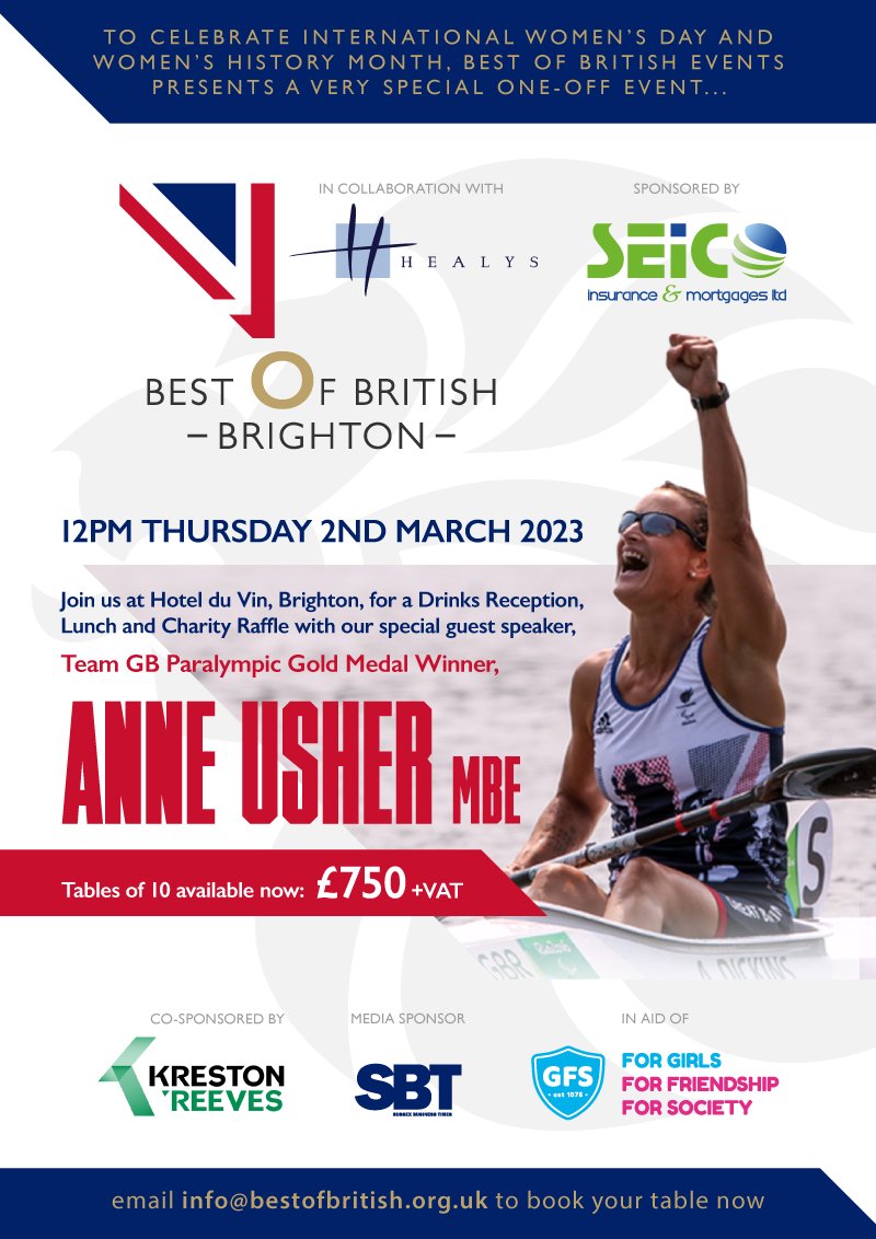 Next Thursday sees us celebrating #WomensHistoryMonth &amp; #InternationalWomenDay  with inspirational speaker Anne Usher MBE. 
Held at @HotelduVinbrighton &amp; raising funds for Girls Friendly Society charity.
Thanks to <a href="/HealysLLP/">Healys LLP</a>, <a href="/Seico_Mortgages/">SEICO Insurance & Mortgages</a>, <a href="/KrestonReeves/">Kreston Reeves</a> and <a href="/sussexbusiness/">Sam Thomas</a>