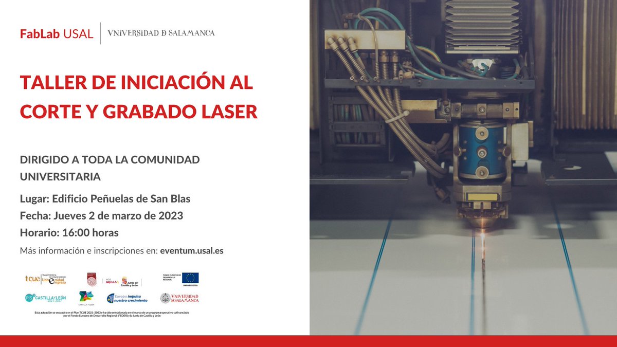 ¡NUEVO TALLER!🙌 Dirigido a toda la comunidad universitaria.

Taller de iniciación al corte y grabado láser.

🗓️Jueves 2 de marzo
🕐16:00 horas
📍Fab Lab USAL. Complejo Peñuelas de San Blas

Más información e inscripciones👇
eventum.usal.es