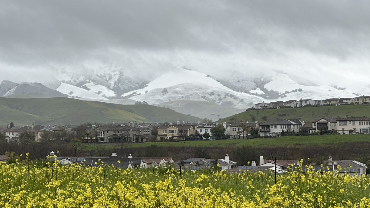 RobMayeda's tweet photo. To my friends living outside the Bay Area, this really doesn’t happen too often … so of course there will be photos - Diablo Range snow along the East Bay hills ❄️ #CAwx 2/24/2023 @NWSBayArea https://t.co/CHHQDUW34b