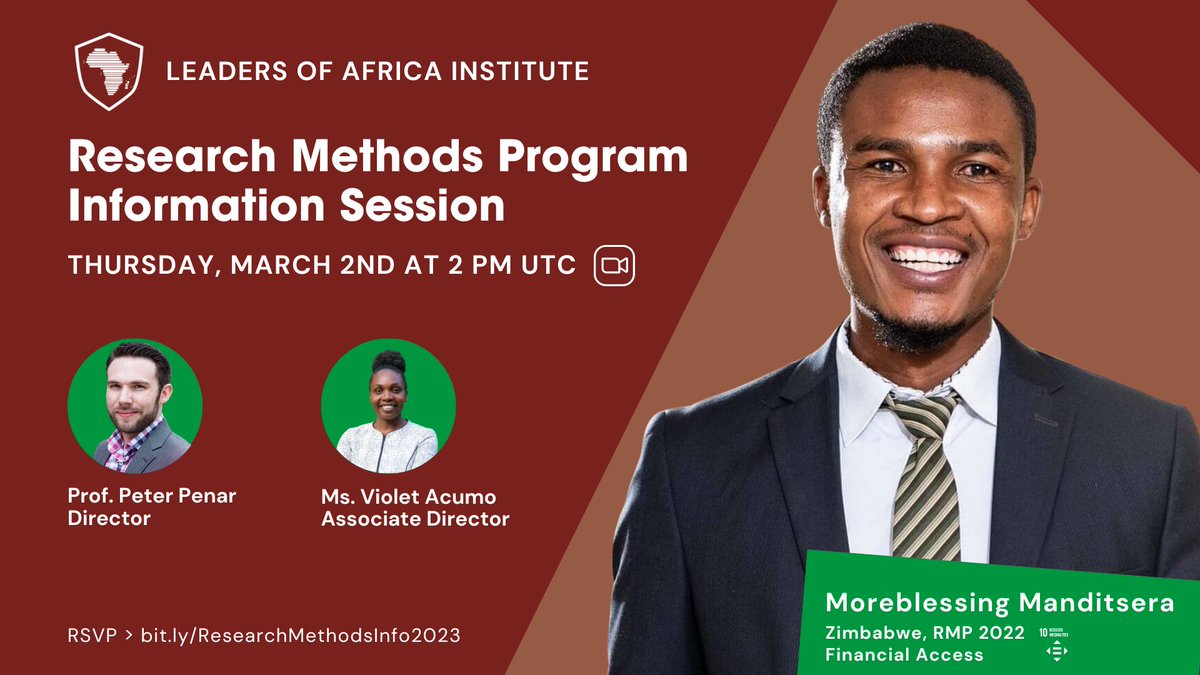 LeadersAfrica's tweet photo. 🗓 This upcoming Thursday, March 2nd at 2 PM UTC is the first live Information Session for the Research Methods Program 2023 at the @LeadersAfrica Institute.

Register and connect ➡ https://t.co/veuG4byuN2

#datascience #research #SDGs #scholarship #development #socialimpact https://t.co/EdYsnRASu0