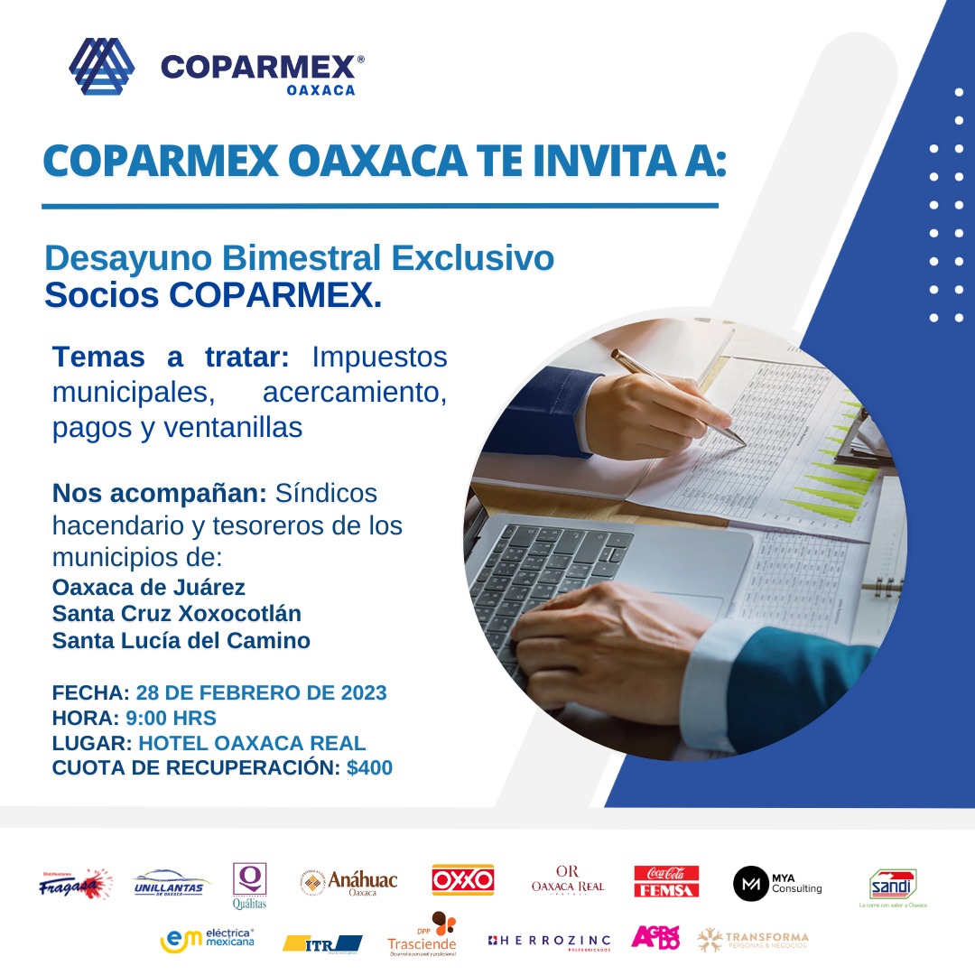 ¡Desayuno bimestral exclusivo para socios COPARMEX!

Acompáñanos a este desayuno de trabajo con autoridades hacendarias y tesoreras de los municipios de Oaxaca de Juárez, Santa Cruz Xoxocotlán y Santa Lucía del Camino!

Regístrate YA!! 👇🏼 
shop.cocoatechnologies.mx/Desayunobimest…

Cupo limitado!!