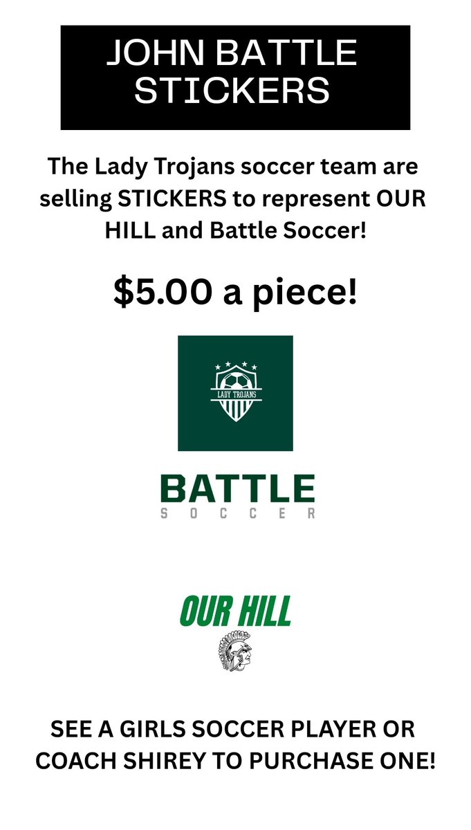 JSBGirlsSoccer's tweet photo. Please support the Lady Trojans this season and show your battle pride! We have 3 different designs to choose from at $5 a piece! See a girl's soccer player or coach Shirey!! https://t.co/QfcZQjCYOM