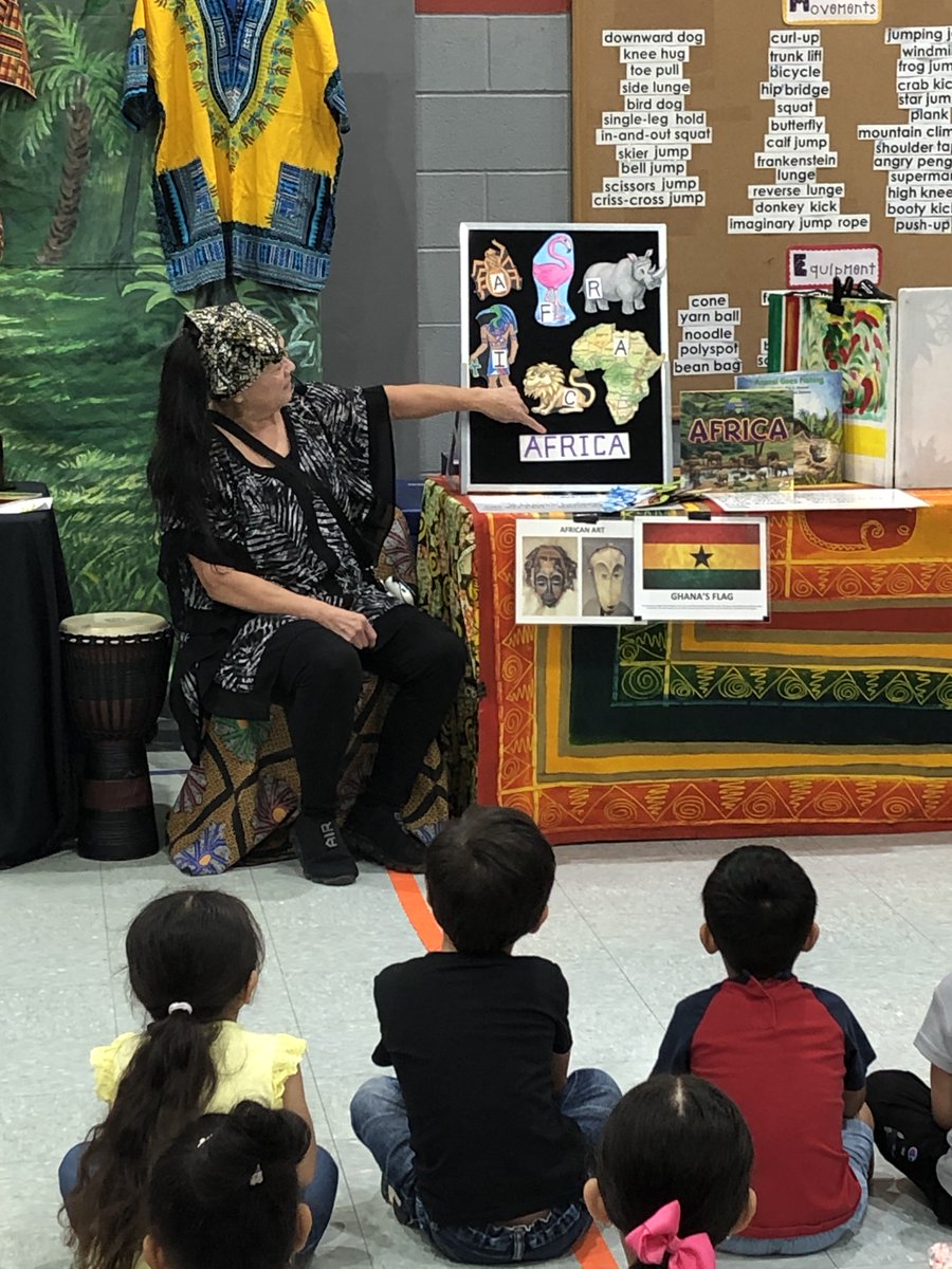 PophamLibrary's tweet photo. @DVISD_PES Black History Month Celebration! 
Ambray Gonzales from the Austin Public Library presented Echoes of Africa. Students learned about African culture and heard folktales through multiple storytelling methods, including a shadow puppet show. 
#WeArePopham
#DVProud https://t.co/nsj8R5xmUJ