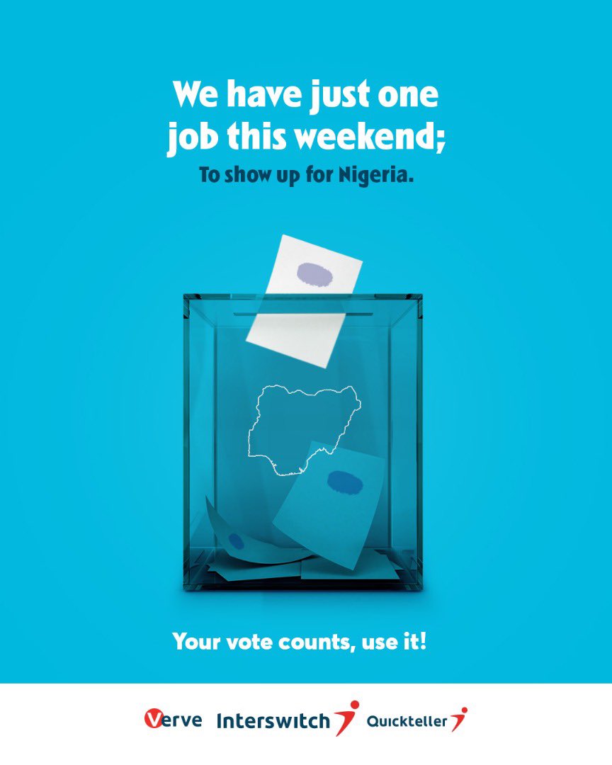 InterswitchGRP's tweet photo. There can be extraordinary possibilities with ordinary people.
Your vote counts.
#VotingIsFree
#NigeriaDecides https://t.co/wNZ3ddVFSp
