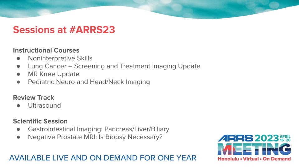 Register for #ARRS23 to get one year of on-demand access to every session, including updates on:

- Fast Protocols and Structured Reporting
- Neuroradiology Procedures
- MR of the Knee
- Pediatric Brain Disorders

www2.arrs.org/am23/