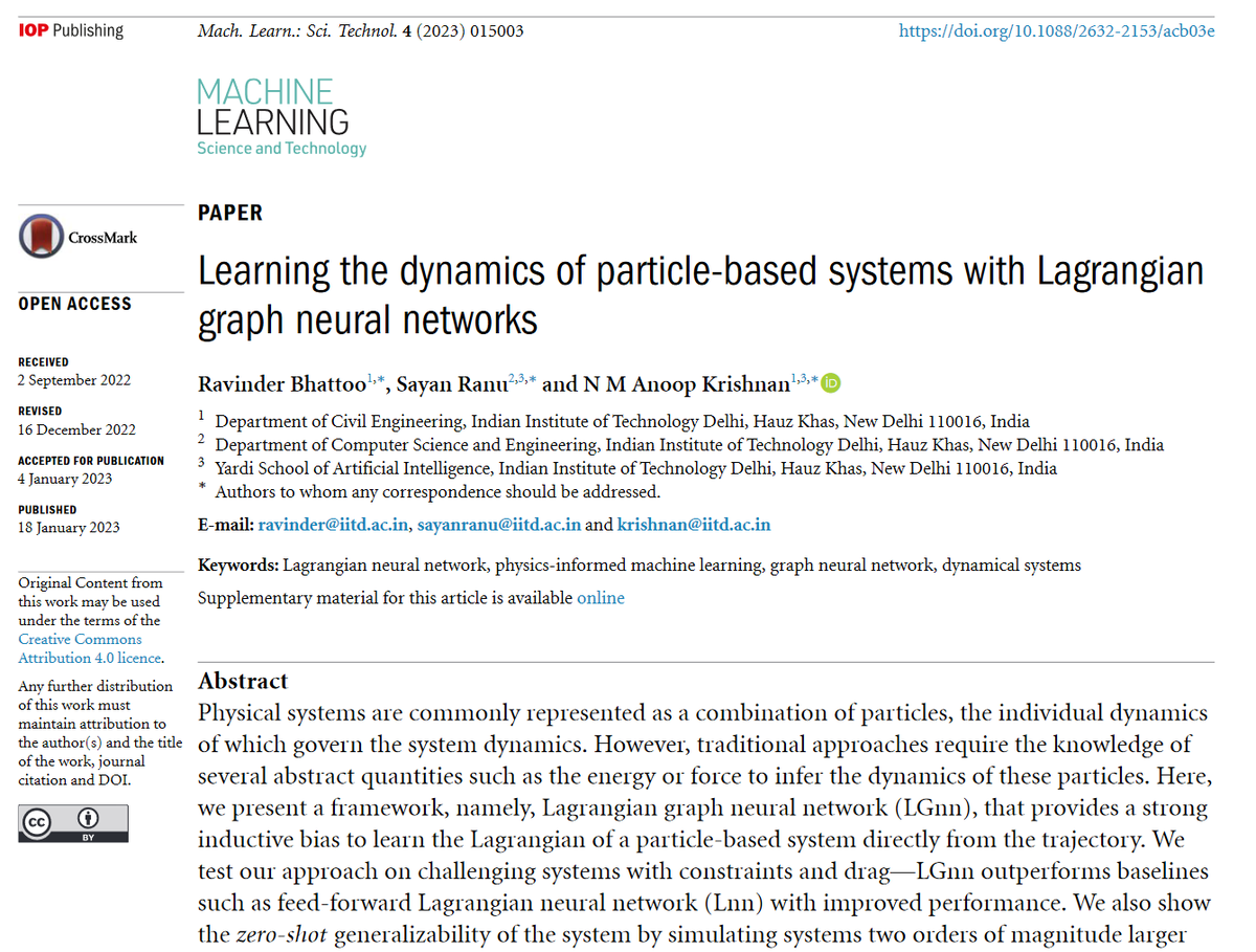 MLSTjournal's tweet photo. 'Learning the #dynamics of particle-based systems with #Lagrangian graph #neuralnetworks' by @RavinderBhattoo @SayanRanu @anoopnm007 @m3rgiitd @iitdelhi hits 500 downloads! https://t.co/GRacp6aO3L #machinelearning #statphys #compchem #graphs #AI #materials #simulation #HPC https://t.co/cSFse9djJa