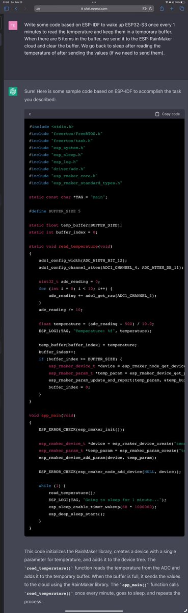 It’s getting there. Using ESP-IDF, ESP-RainMaker, ESP32. *I need to smoke a cigarette and take a long walk* #ESP32 #ChatGPT