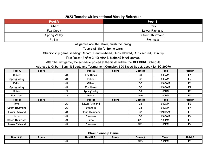 rsnelling_75's tweet image. 🥎 2023 Tomahawk Invitational 
📅 Saturday, February 25
⏰ 9:00am, 11:00am, 1:00pm, 3:30pm (Champ. game)
📍620 Broad Street, Leesville, SC
💰 $10 admission (5 and under free)

Come out and support @GHSIndiansSB tomorrow as we host the first ever Tomahawk Invitational!!!