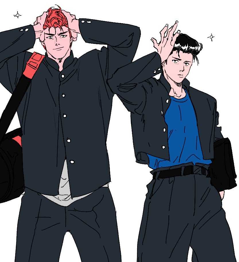 pompadour 2boys multiple boys male focus black hair gakuran school uniform  illustration images