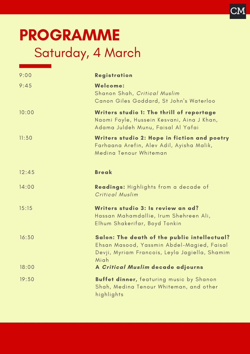 Critical Muslim (@criticalmuslim) on Twitter photo What's the role of fiction and poetry in an age of shortening attention spans? How does Critical Muslim showcase new voices? Hear our panel, Sat 4 March: <a href="/fararefin/">farhaana</a> @Ayisha_Malik <a href="/alevadil/">alev adil</a> <a href="/medina_whiteman/">Medina Whiteman</a> <a href="/hajarpress/">Hajar Press</a> <a href="/MuslimInst/">Muslim Institute</a> @stjohnswaterloo Booking: musliminstitute.org/events/critica… What's the role of fiction and poetry in an age of shortening attention spans? How does Critical Muslim showcase new voices? Hear our panel, Sat 4 March: <a href="/fararefin/">farhaana</a> @Ayisha_Malik <a href="/alevadil/">alev adil</a> <a href="/medina_whiteman/">Medina Whiteman</a> <a href="/hajarpress/">Hajar Press</a> <a href="/MuslimInst/">Muslim Institute</a> @stjohnswaterloo Booking: musliminstitute.org/events/critica…