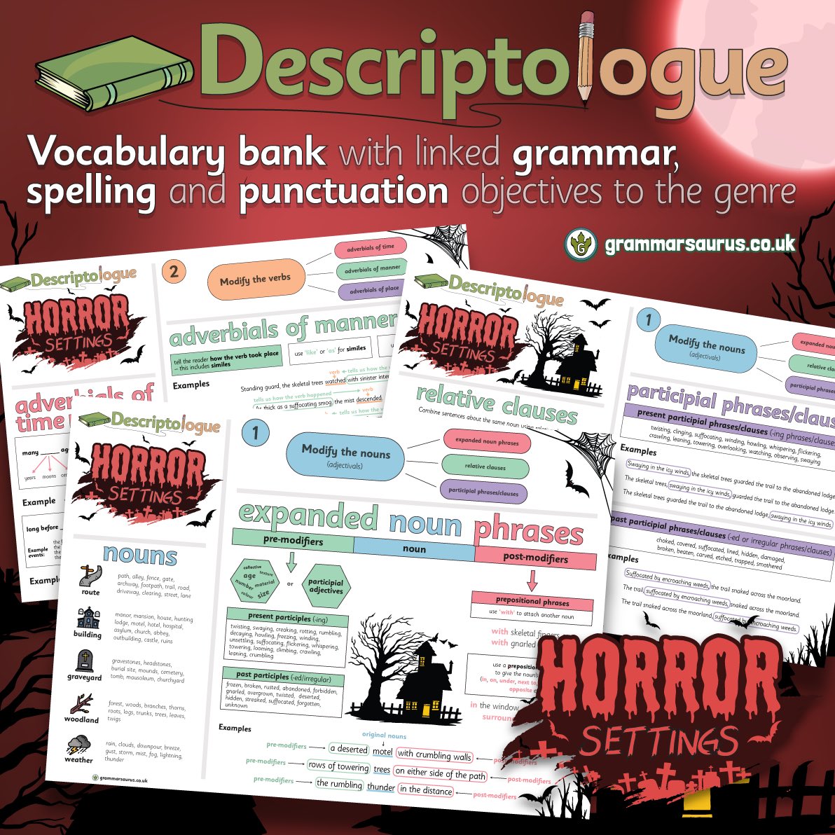 INTRODUCING…

** ✏️ The Descriptologue ✏️**

These tabletop vocabulary banks have linked spelling, punctuation and grammar objectives aligned directly to the unit &amp; will complement our upcoming unit guides (writing planning).