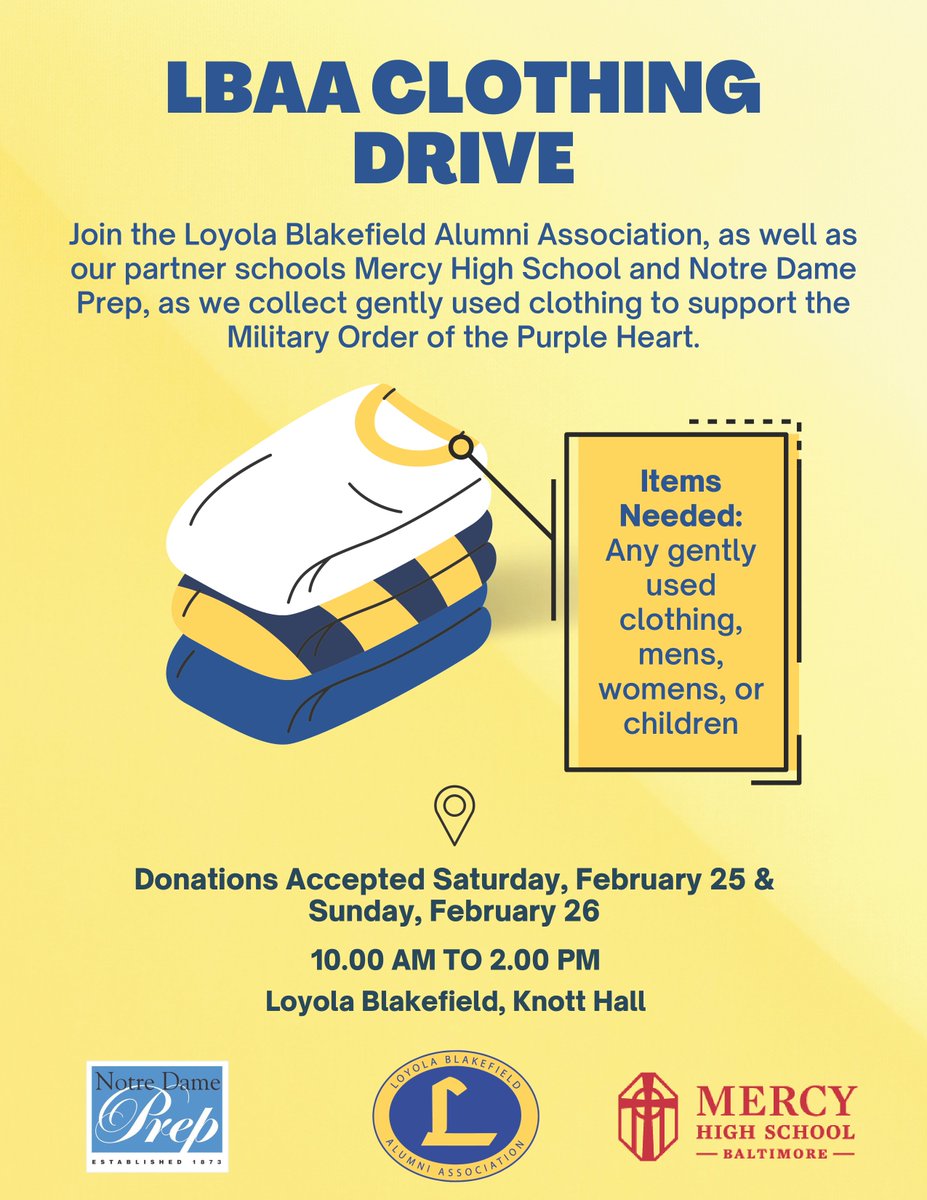 A final reminder to bring ANY gently used clothing to the Loyola Blakefield Alumni Association's annual clothing drive this weekend! All donations will support @MOPH_HQ.  Donations will be accepted in the lobby of Knott Hall between 10 a.m. and 2 p.m. on both Saturday and Sunday.