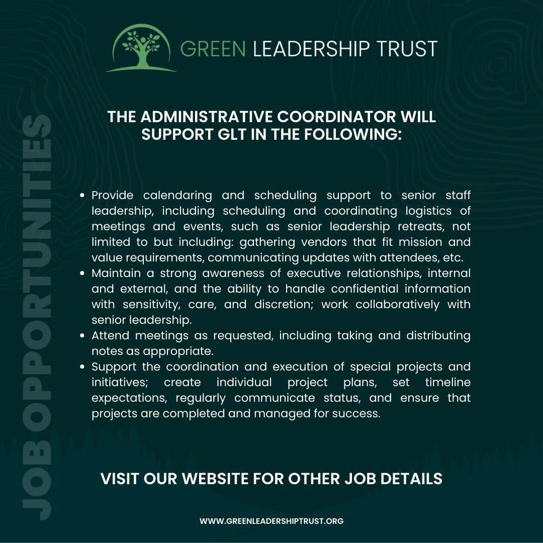 GLTMembers's tweet image. We’re #hiring a remote Administrative Coordinator! This person will be the fourth to join our small but mighty team working to bridge glaring representation gaps and empower people of color in the environmental sector.

greenleadershiptrust.org/jobs_green/adm…