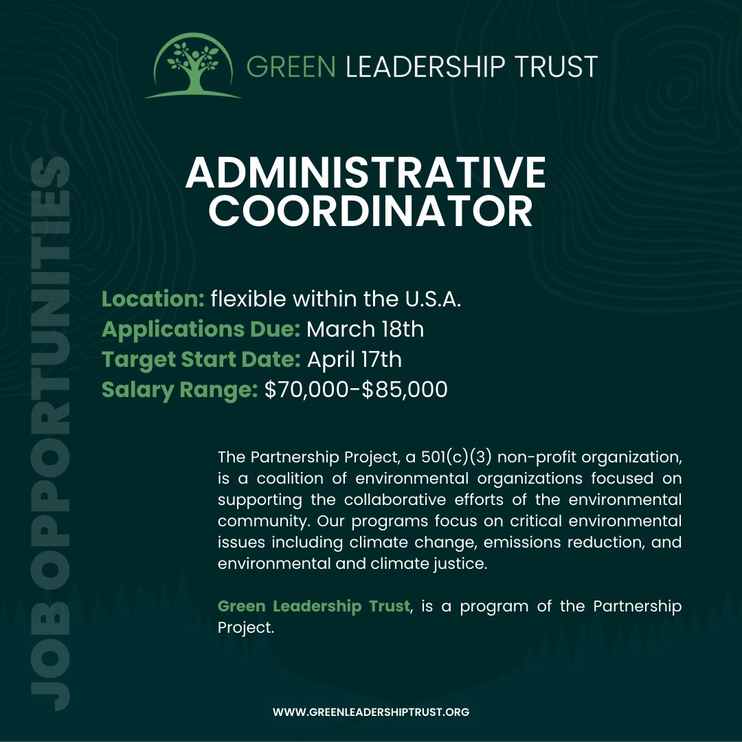 GLTMembers's tweet image. We’re #hiring a remote Administrative Coordinator! This person will be the fourth to join our small but mighty team working to bridge glaring representation gaps and empower people of color in the environmental sector.

greenleadershiptrust.org/jobs_green/adm…