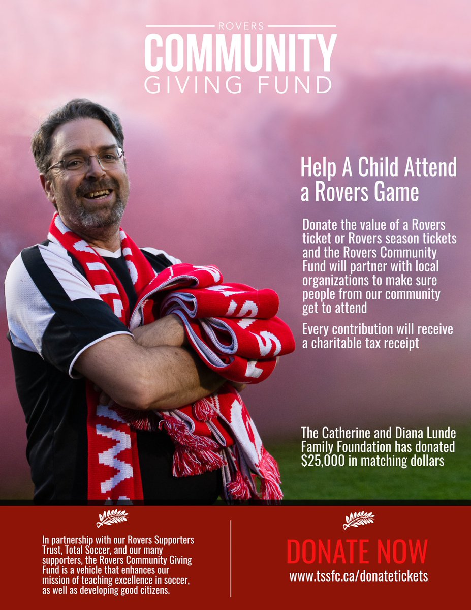 TSSRovers's tweet photo. DONATE 
SUPPORT A CHILD GO TO A GAME

All donation to the Rovers Community Giving Fund are matched by the Lunde Family Fund and you receive an instant tax receipt.

Let’s go pirates! Time to make a difference.
#WeAreRovers 
#TogetherOne 

Donate here: 
https://t.co/R5LOw4IMwR https://t.co/VLBmVbaVBb