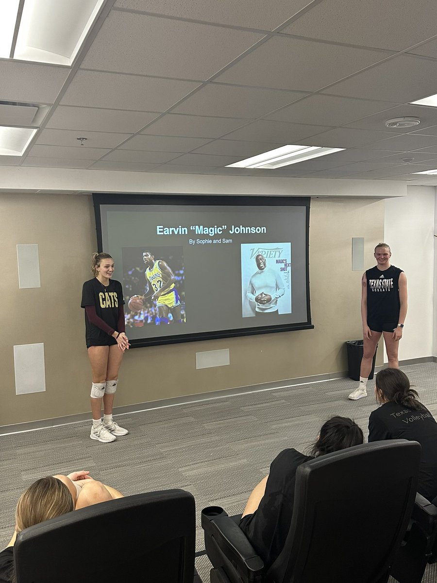 TexasStateVball's tweet photo. 𝐁𝐥𝐚𝐜𝐤 𝐇𝐢𝐬𝐭𝐨𝐫𝐲 𝐌𝐨𝐧𝐭𝐡✊🏾

Today our team continued their presentations on someone influential in the black community. This week, our players chose to present on Magic Johnson, Katherine Johnson and Lisa Leslie. https://t.co/44hU8H6QbW
