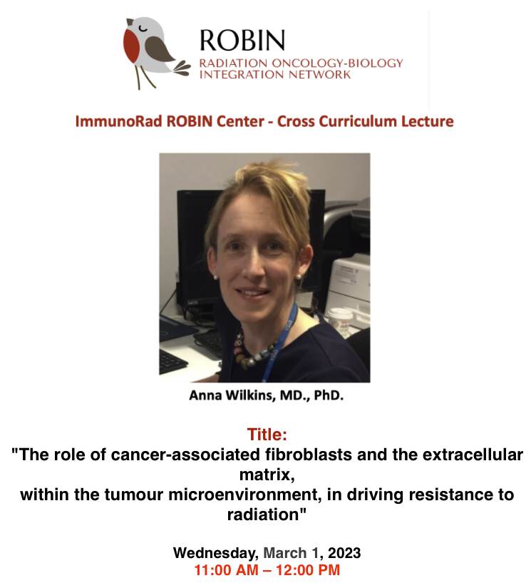 ImmunoRadROBIN's tweet photo. Honored to have Dr. Wilkins present for our ImmunoRad ROBIN cross curriculum lecture next wednesday ! Attend to learn more about cancer-associated fibroblasts in the context of radiation therapy ! #ImmunoRadROBIN #CTCcore #ImmunoRadROBINCTCcore #ROBIN #NIH #WCMRadOnc https://t.co/ncXgKynmy1