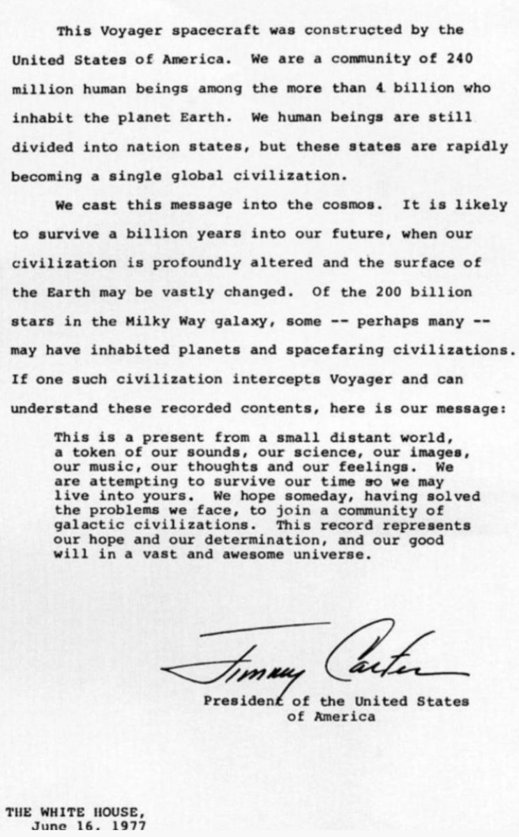 The message Jimmy Carter left in Voyager 1, the most distant human-made object from Earth, is breathtaking.