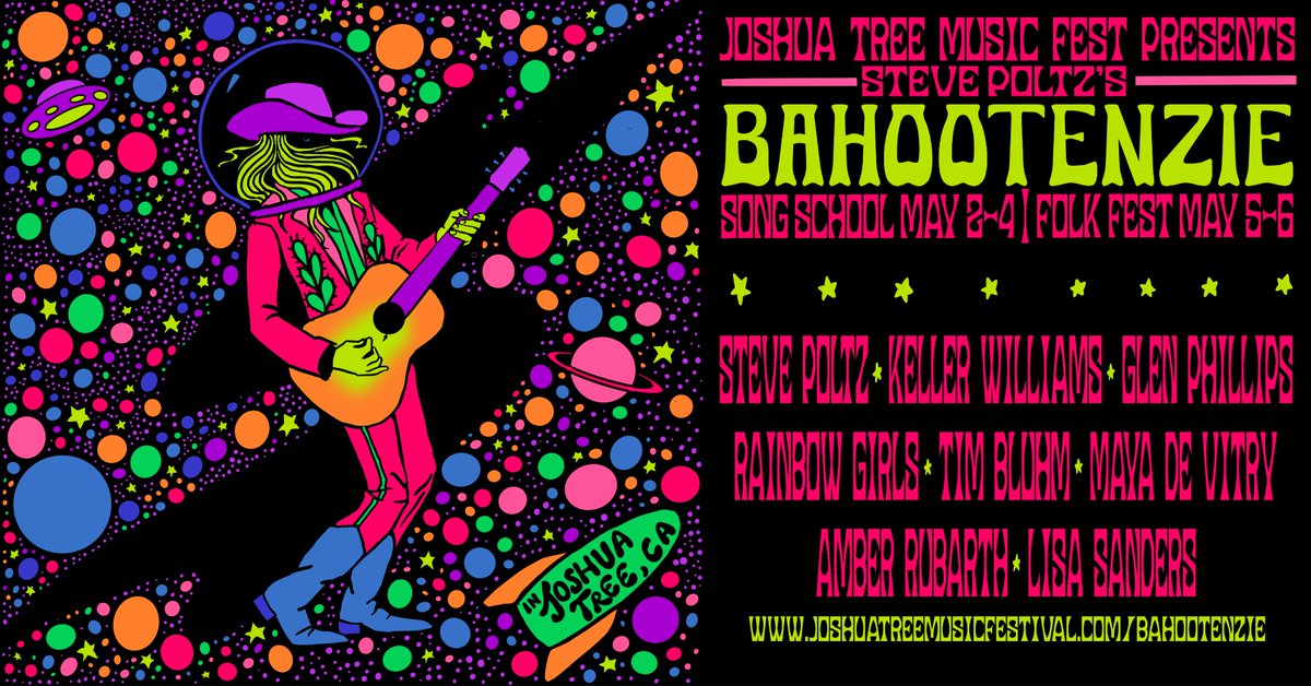 I’m so excited to announce the Bohootenzie Song School & Folk Fest 2023. Yes, we are returning to Joshua Tree, CA this coming May. Last year was so much that we simply had to do it again. The Song School is May 2-4 and the Folk Fest is May 5-6. Details -> bit.ly/BaHOOTenzie
