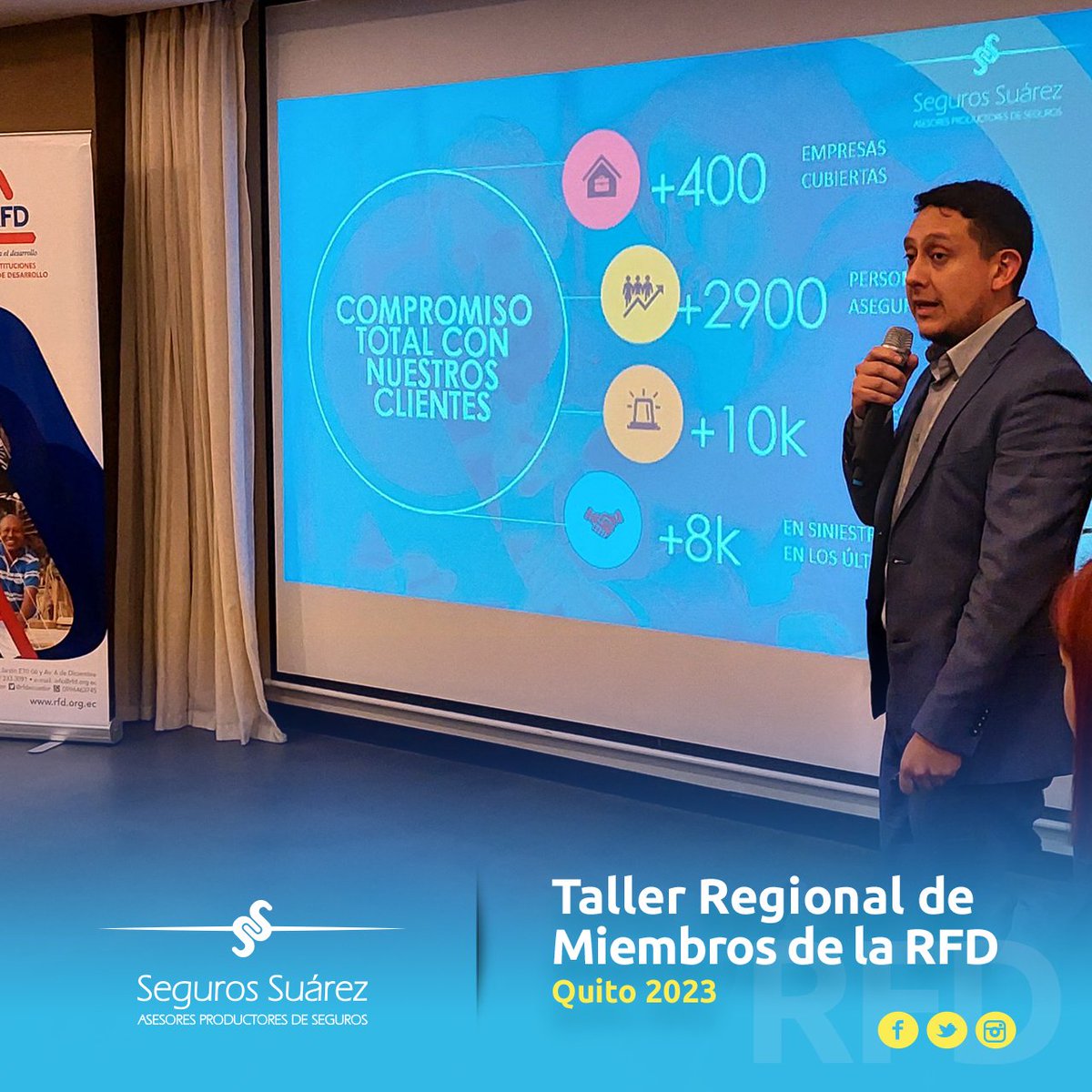 segurossuarez's tweet photo. Participamos el 1er Taller Regional de miembros de la @rfdecuador, con el propósito de brindar un mayor conocimiento sobre los estudios, servicios y herramientas que hemos desarrollado, en beneficio de nuestros socios y aliados estratégicos. 💪🇪🇨📈

#InclusiónFinanciera #RFD https://t.co/FM8yATkaIz