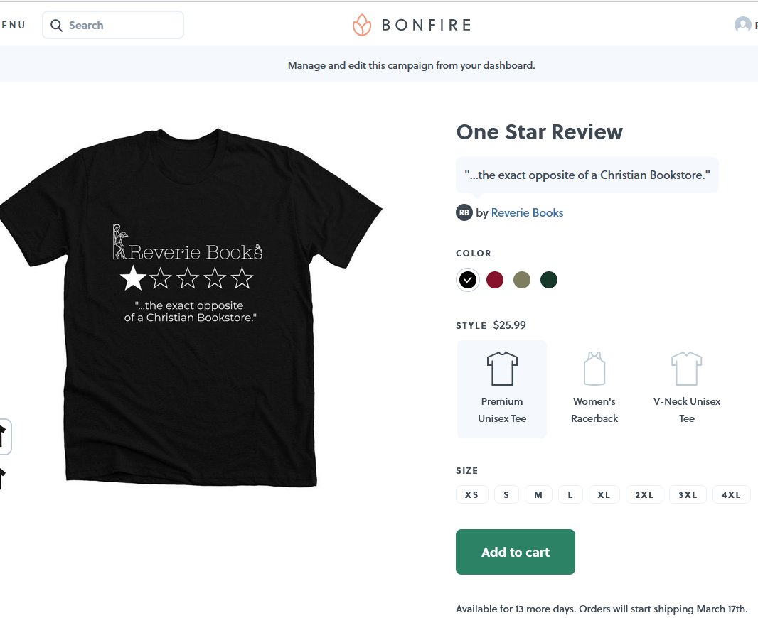 Thanks to relentless demand, we opened up our one star t-shirt campaign *again*. Deadline for this one is March 9. You hilarious people, we love you. bonfire.com/one-star-revie…