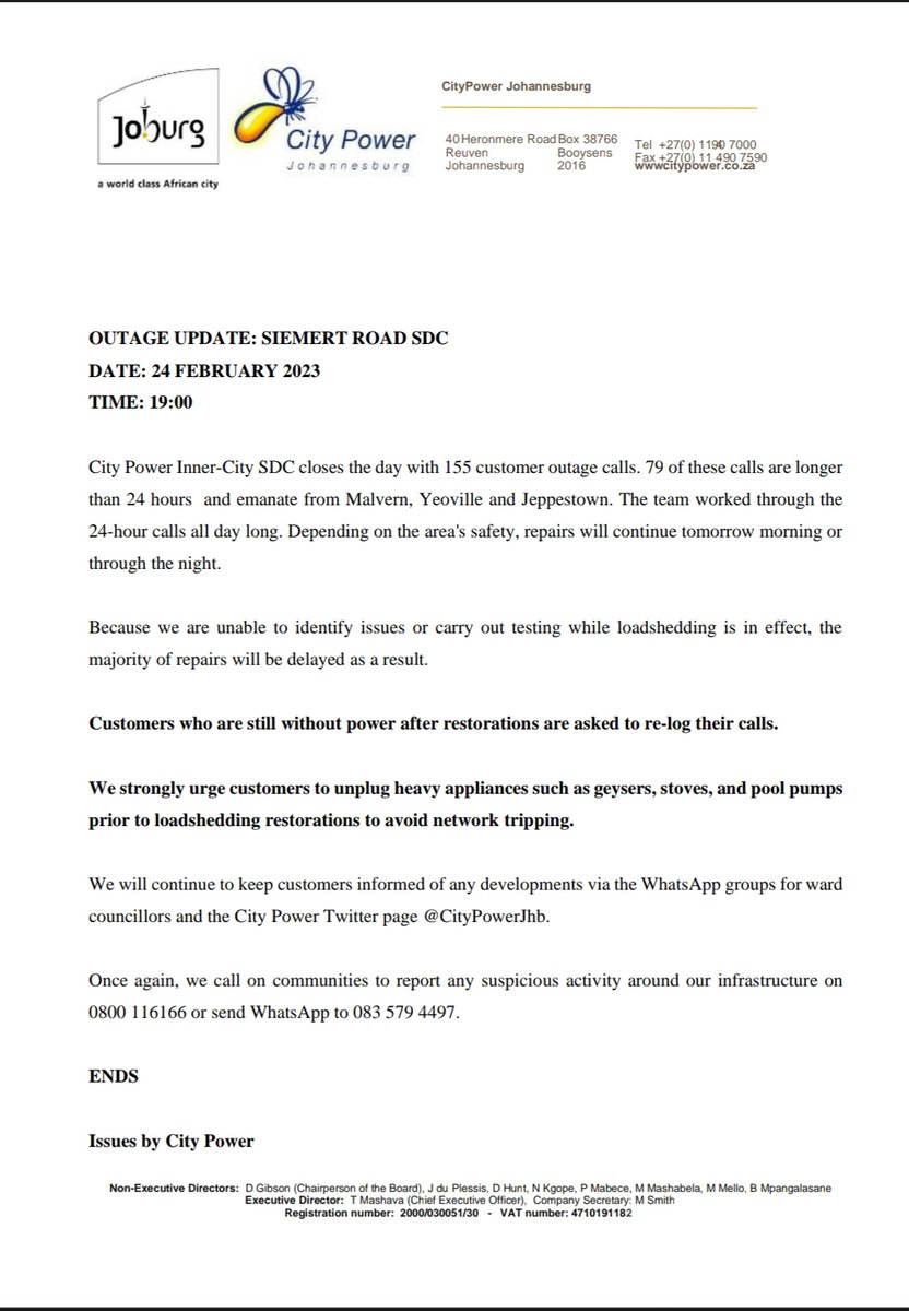 CityPowerJhb's tweet photo. #JoburgUpdates 
#SiemertUpdate

Repairs will be delayed due to loadshedding ^KM https://t.co/Yj6axCdozk