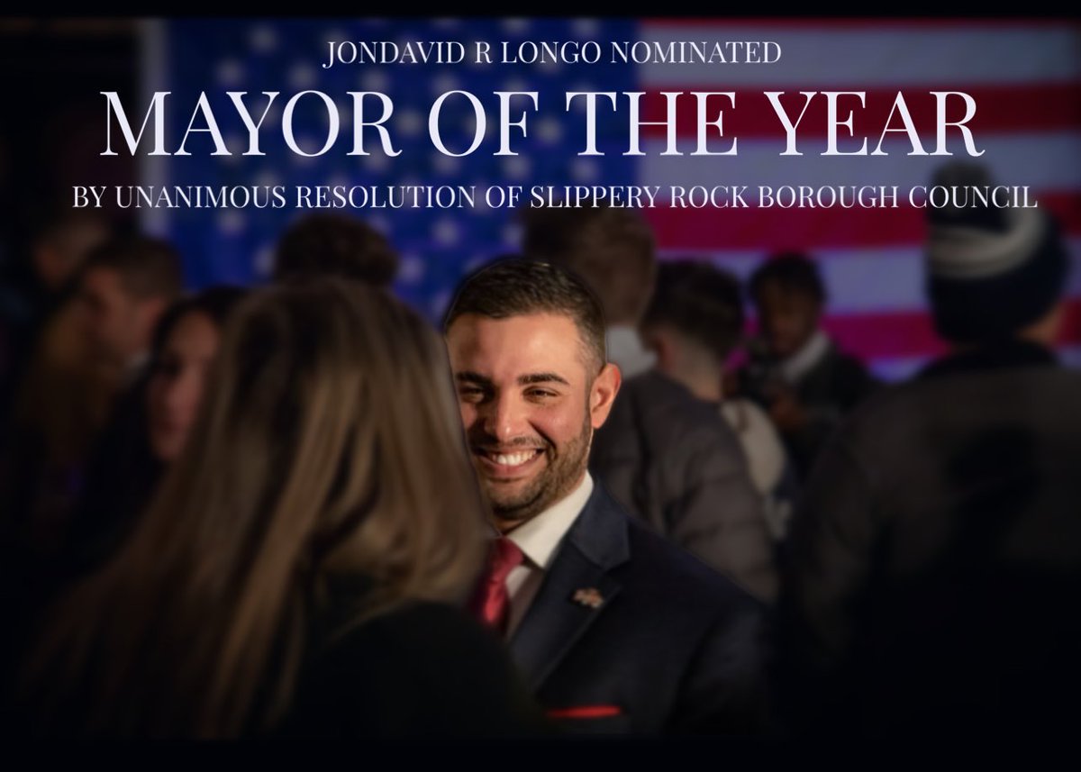 JondavidRLongo's tweet photo. Humbled to have been nominated as the Assn of Mayors of the Boros of Pa’s 2023 Mayor of The Year by unanimous resolution of Slippery Rock Boro Council

Community partners have shared in my successes as Mayor and this nomination is as much you’re as it is mine

Thank you https://t.co/yfjvCcCk7B