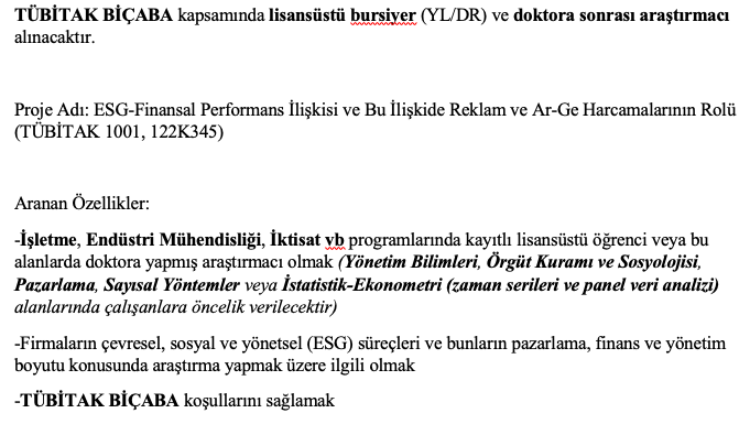 İşletme Mühendisliği Bölümü Öğretim Üyesi Doç.Dr. Cumhur Ekinci tarafından yürütülecek TÜBİTAK(<a href="/Tubitak/">TÜBİTAK</a>) BİÇABA projesine ilgili bölümlerden lisansüstü öğrenciler ve doktora sonrası araştırmacılar bursiyer olarak alınacaktır.

Son başvuru: 10 Mart 2023

sites.google.com/view/cumhureki…
