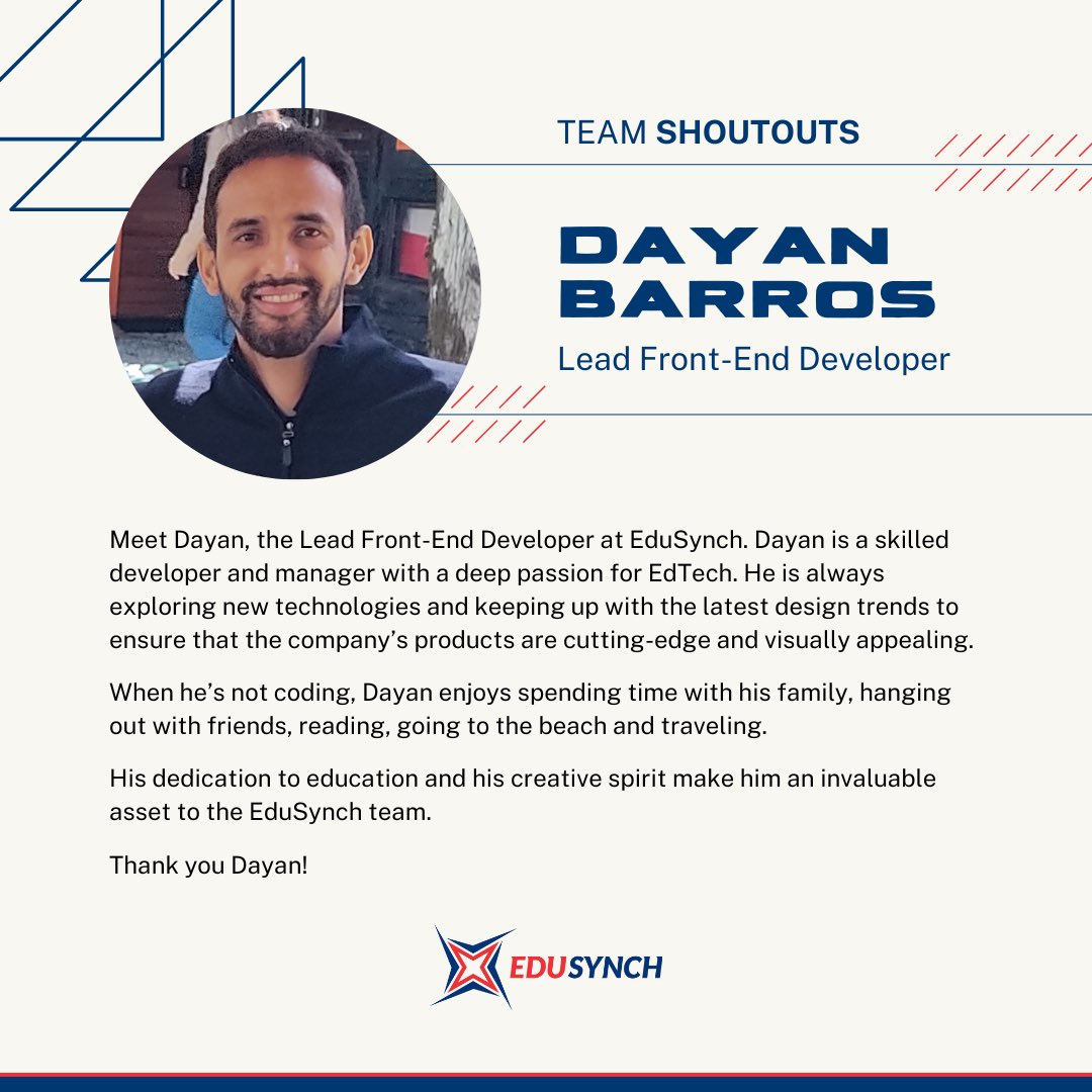 edusynch's tweet photo. Check out EduSynch's Lead Front-End Developer Dayan Barros!! 😎
#edtech #proctoring #eproctoring #remoteproctoring #onlineeducation #onlinelearning #edusynch #elearning #education #testing #assessment #customtesting #edtechstartup #edutech #startups #growth #globaleducation https://t.co/uCSxbPP9Hg