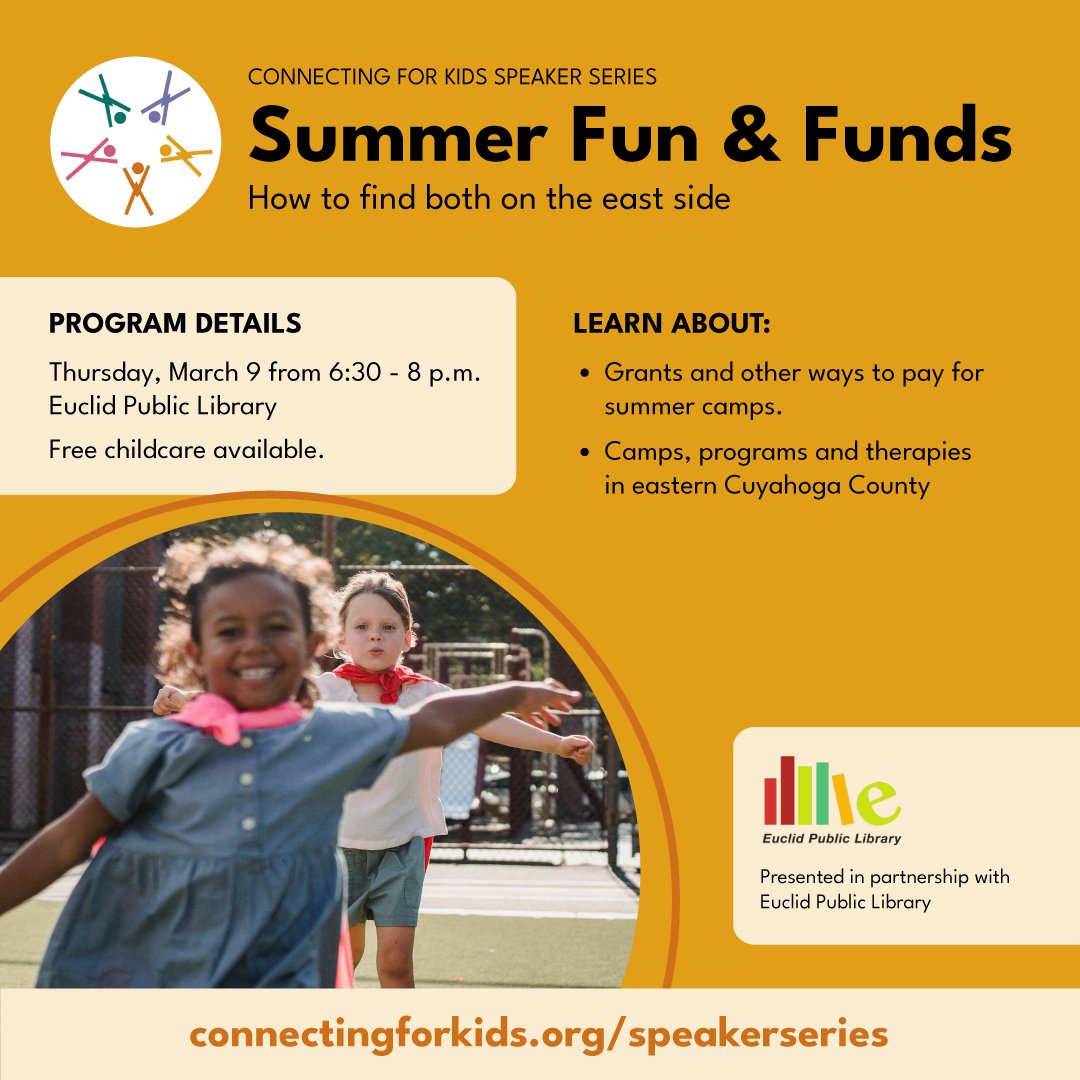 Connecting for Kids (@connectforkids) on Twitter photo Looking for money for summer camp? Join us at <a href="/EuclidLibrary/">Euclid Library</a> next month! connectingforkids.org/event-5094260 Looking for money for summer camp? Join us at <a href="/EuclidLibrary/">Euclid Library</a> next month! connectingforkids.org/event-5094260