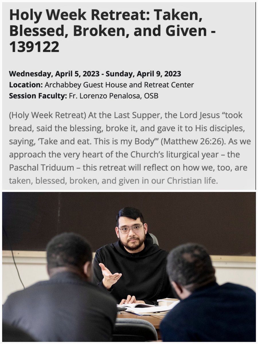 LiturGeologist's tweet photo. This Holy Week (Wed 4/5 thru Easter Sun 4/9), I invite you to consider making a retreat at @SaintMeinrad. My retreat titled “Taken, Blessed, Broken, and Given” is open to everyone, especially those suffering and in need of the Lord’s healing: https://t.co/WViIXjLOlr https://t.co/ppnPzTwd9L