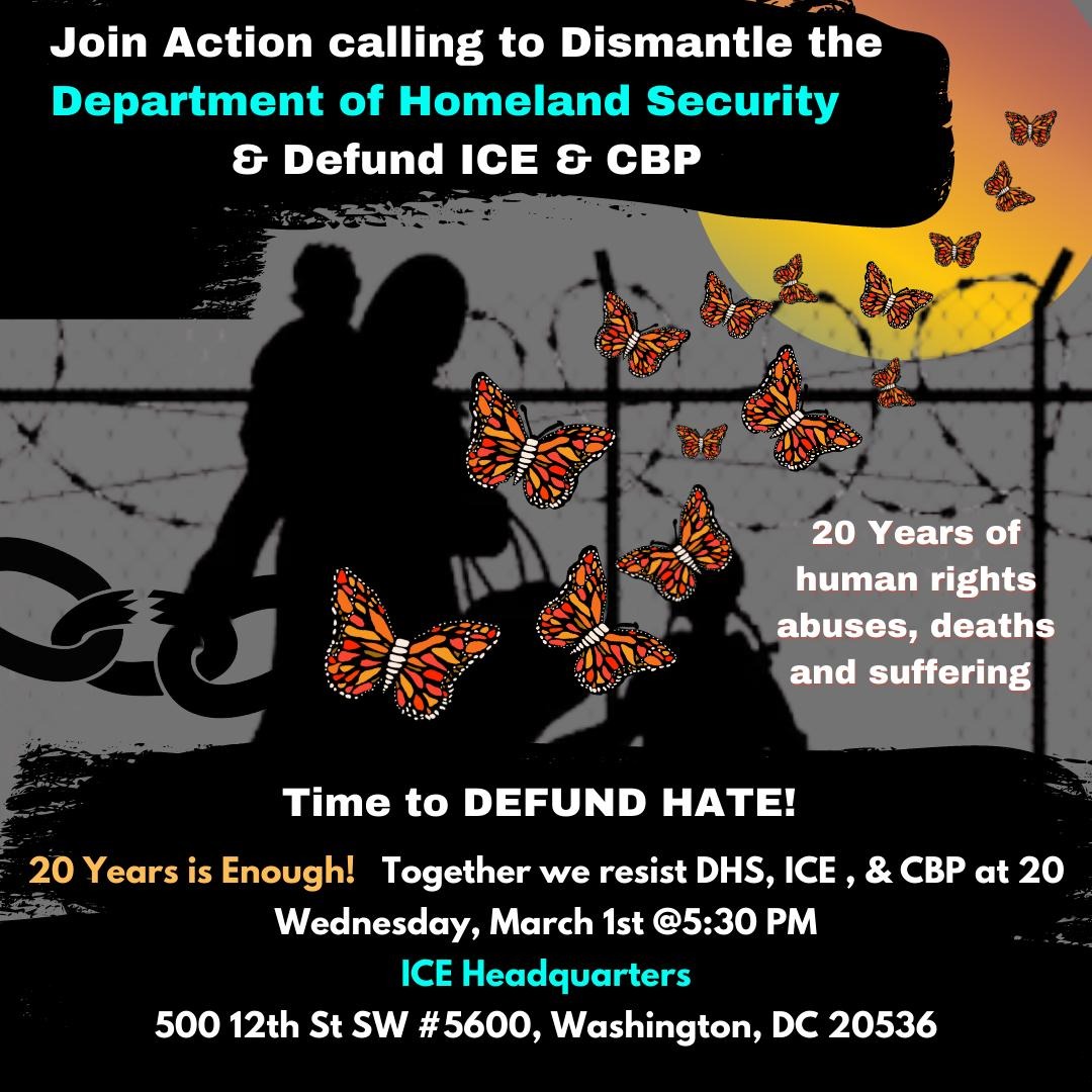 Wednesday, March 1st marks 20 year since #DHS - an institution that has inflicted massive state violence on BIPOC communities - was created. Join <a href="/MuslimCpLab/">Muslim Counterpublics Lab</a> &amp; other orgs at ICE's HQ in DC on 3/1 @ 5:30 PM 2 demand the dismantling of DHS &amp; the defunding of #ICE &amp; #CBP !حرية الآن