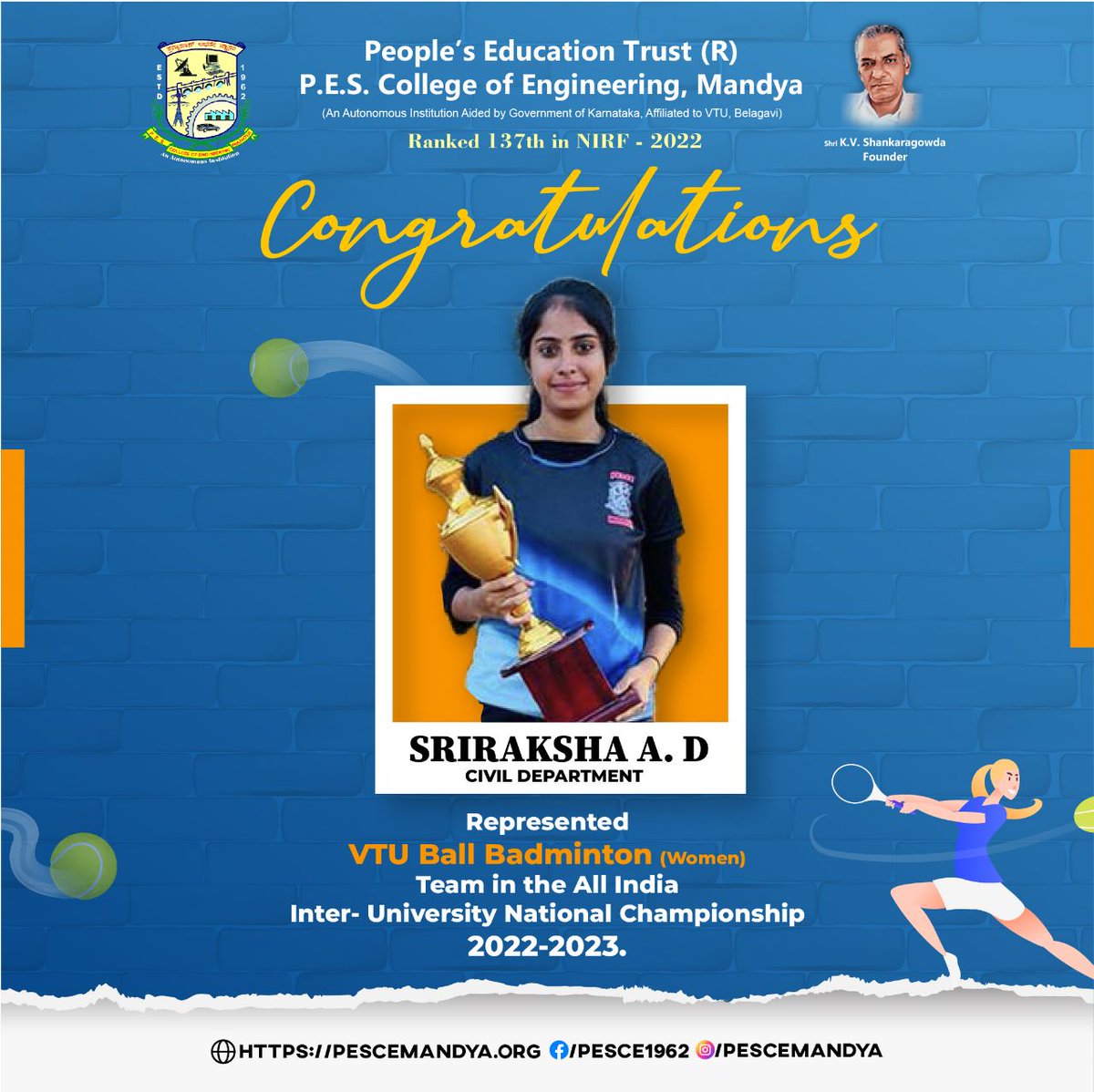 pesce1962's tweet photo. Congratulations🎉
Sriraksha A D from Civil Department represented VTU Ball Badminton (Women) team in the All India Inter-University National Championship 2022-2023.
#pesmandya #pescemandya #pesengineeringcollege #pesce #students #congratulations #sports #vtu #ballbadminton https://t.co/91TsPTUrAd