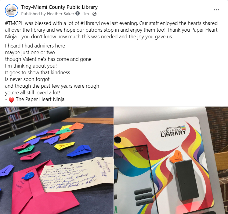 TroyMiamiCtyPL's tweet photo. #TMCPL was blessed with a lot of #LibraryLove. Our staff enjoyed the hearts shared all over the library and we hope our patrons stop in and enjoy them too! Thank you Paper Heart Ninja - you don't know how much this was needed and the joy you gave us. https://t.co/6q1SHXaPPj