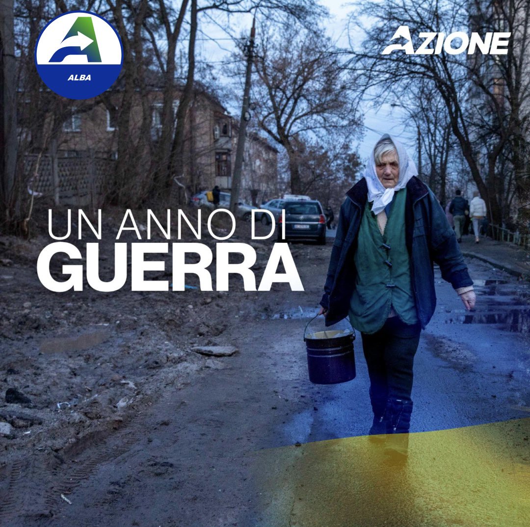 AzioneAlba's tweet photo. Un anno dall’aggressione russa dell’Ucraina. 
Un anno di guerra, di distruzione e morte. 
Tutti aspiriamo alla conclusione del conflitto, ma non può esserci pace senza libertà. 
E la libertà nasce dalla resistenza del popolo ucraino.

SLAVA UKRAINI! 🇺🇦 https://t.co/wl48fmCjq7