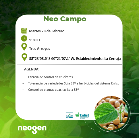 Neogensemillas's tweet photo. El martes 28/2 a las 9:30 hs comenzaremos con la jornada "Neo Campo" en la localidad de Tres Arroyos, Provincia de Buenos Aires. 
¿Querés participar? Envía un mensaje al siguiente link y registrate. https://t.co/rJRW0ioFEQ

#NeoCampo #Soja #EnlistE3 https://t.co/8HDn4Ef52B
