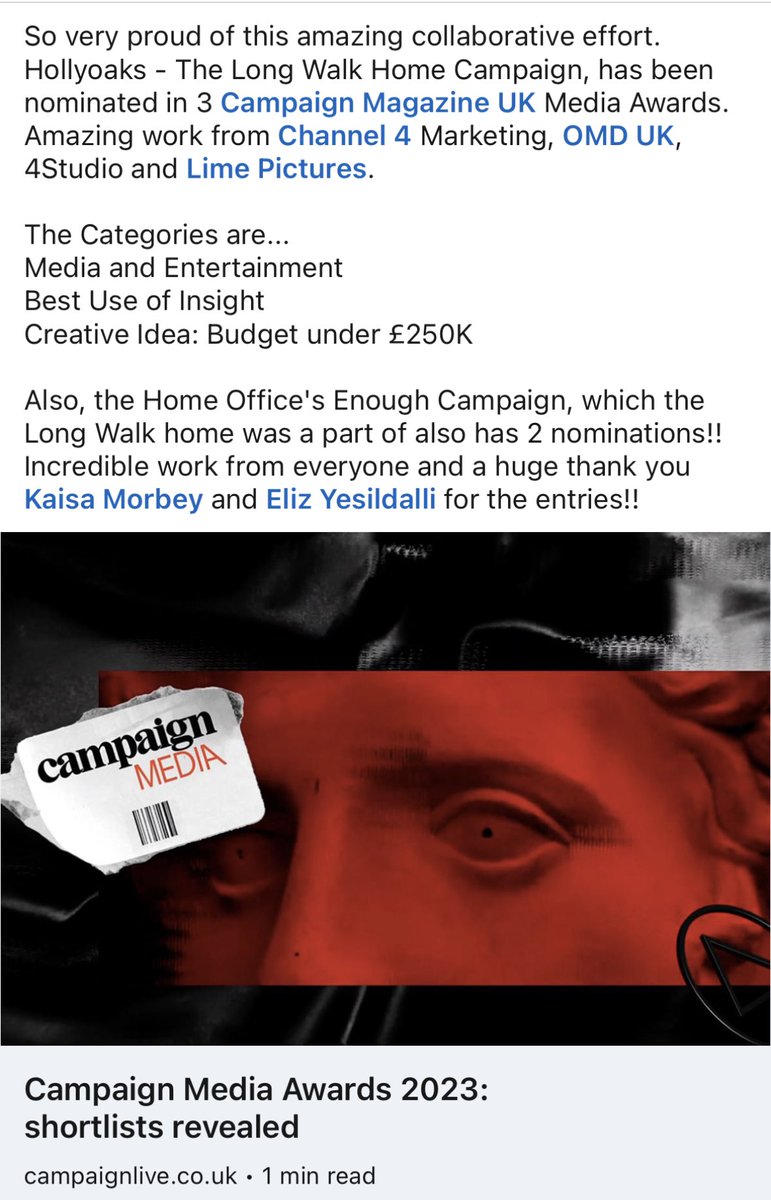irishalan's tweet photo. 3 nominations at this years @Campaignmag Media Awards ❤️❤️❤️
#AmazingTeamWork https://t.co/IJhRyvaoD8