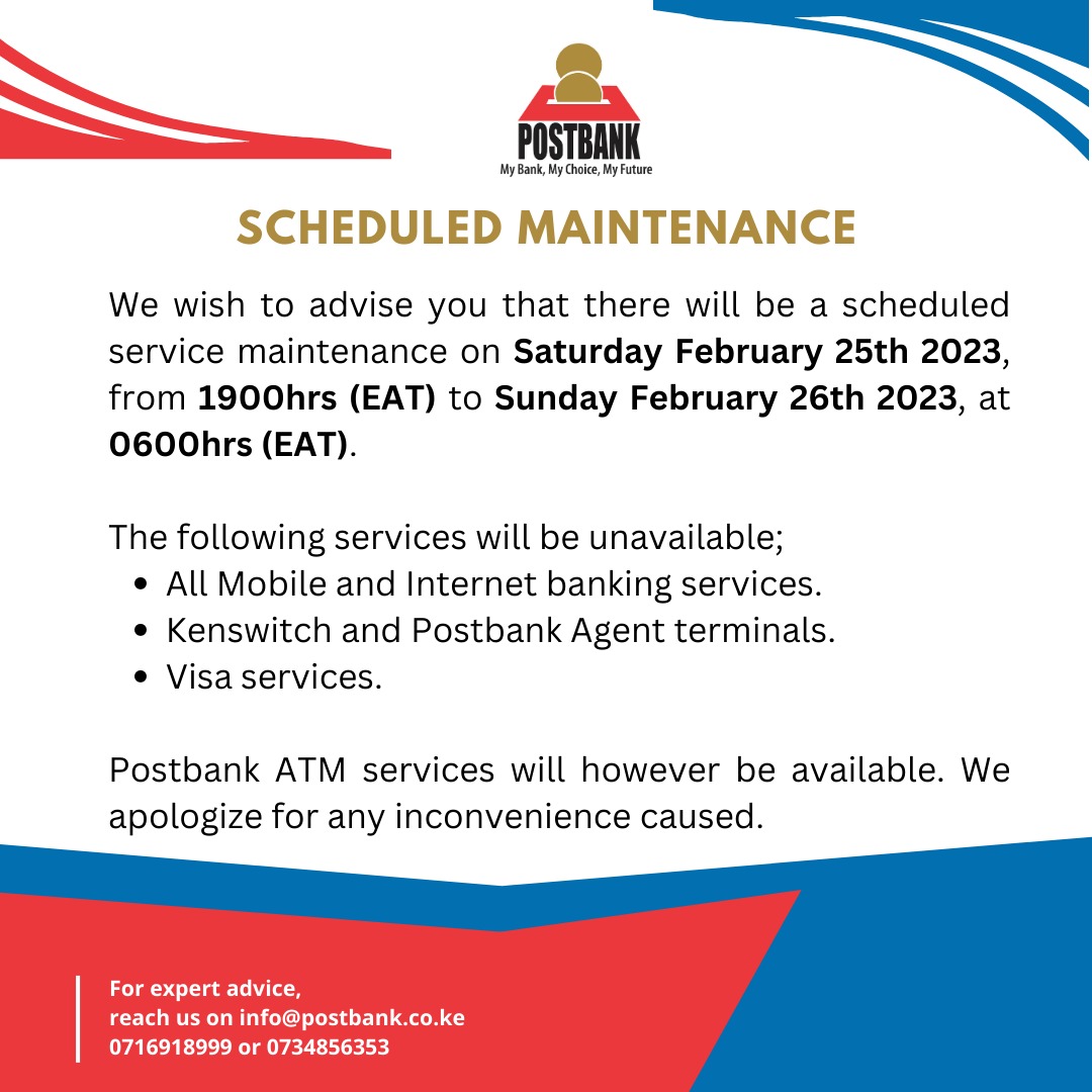 Please note the planned maintenance that will begin today from 1900hrs (EAT) and will be completed on Sunday at 0600hrs (EAT).
We apologise for any inconvenience caused.
