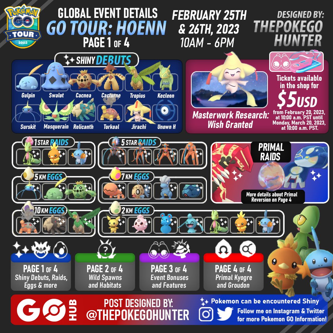 thepokegohunter's tweet photo. Full details infographic for this weekend's #PokemonGO Tour: Hoenn event. ✨🆕

Any new details or information will be posted during the event. Good luck trainers! https://t.co/CRMoyK7A0Z