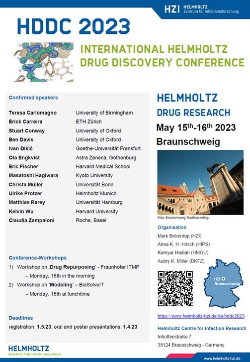 Helmholtz-Zentrum für Infektionsforschung –inaktiv (@helmholtz_hzi) on Twitter photo Bei der Helmholtz Drug Discovery Conference 2023 #HDDC2023 am 15./16.5.2023 diskutieren Expert:innen die Herausforderungen & Chancen der modernen Arzneimittelforschung. 💊
❗️Anmeldefrist für Vorträge & Poster ist der 1. 4.2023.
<a href="/BronstrupLab/">Brönstrup Lab</a> <a href="/HirschLab/">Hirsch Lab</a>
helmholtz-hzi.de/en/news-events… Bei der Helmholtz Drug Discovery Conference 2023 #HDDC2023 am 15./16.5.2023 diskutieren Expert:innen die Herausforderungen & Chancen der modernen Arzneimittelforschung. 💊
❗️Anmeldefrist für Vorträge & Poster ist der 1. 4.2023.
<a href="/BronstrupLab/">Brönstrup Lab</a> <a href="/HirschLab/">Hirsch Lab</a>
helmholtz-hzi.de/en/news-events…