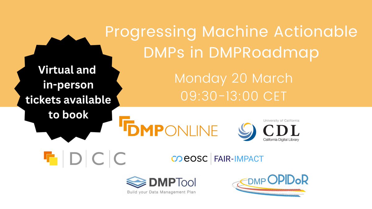 Want to learn more about Machine Actionable Data Management Plans?

Join our team and multiple partners on March 20 as we deliver a packed half day workshop in Gothenburg ahead of #RDAPlenary 20.

Check out the full agenda and register via our website⬇️
dcc.ac.uk/events/RDAcolo…