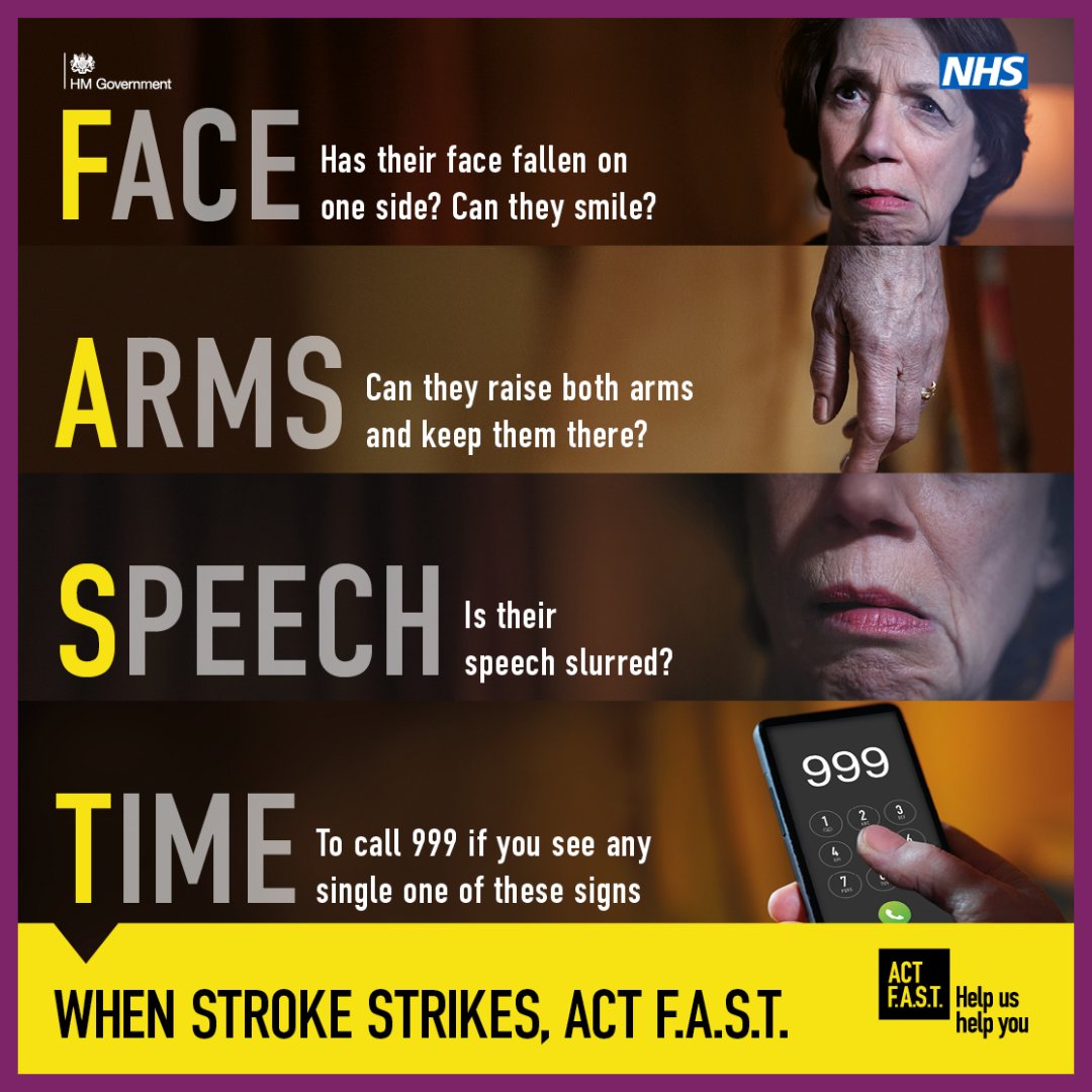 NHS England has recently launched the ACT F.A.S.T campaign to raise awareness of the importance of acting quickly if someone you know may be suffering from a stroke. 

For more information regarding strokes, the signs and symptoms and more visit:
nhs.uk/conditions/str…