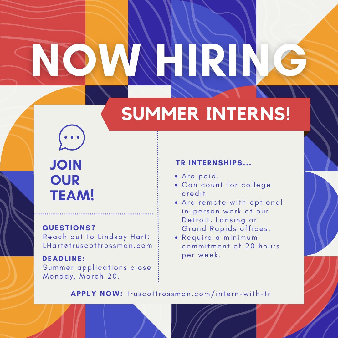 TruscottRossman's tweet image. ✅ SUMMER 2023 PAID INTERNSHIP APPLICATIONS ARE NOW OPEN! 

⏰Don't wait and apply today: truscottrossman.com/about/intern-w…

#PRInternship #CommunicationsInternship #NowHiring