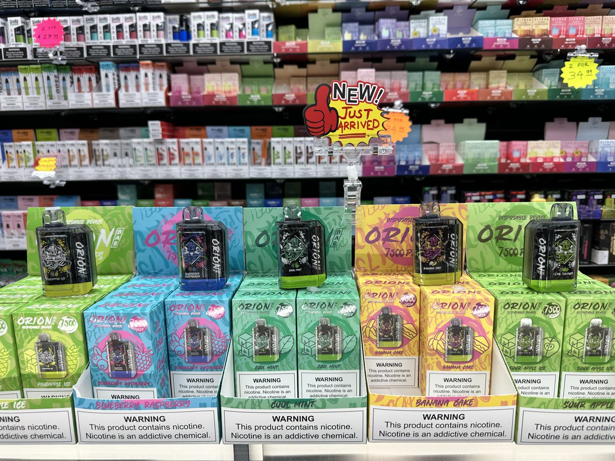 smokrules's tweet photo. New Product alert! 
#OrionBar disposable vapes now available at #smokrules. Perfect for on-the-go vaping!

• 18mL Prefilled E-Liquid Capacity
• Integrated 650mAh Battery
• 7500 Puffs

#lostvape #Orionbar7500 #vape #vapedisposables #vapepic #vapeshop #vapenation #ejuice https://t.co/vJxu3Xq7zP