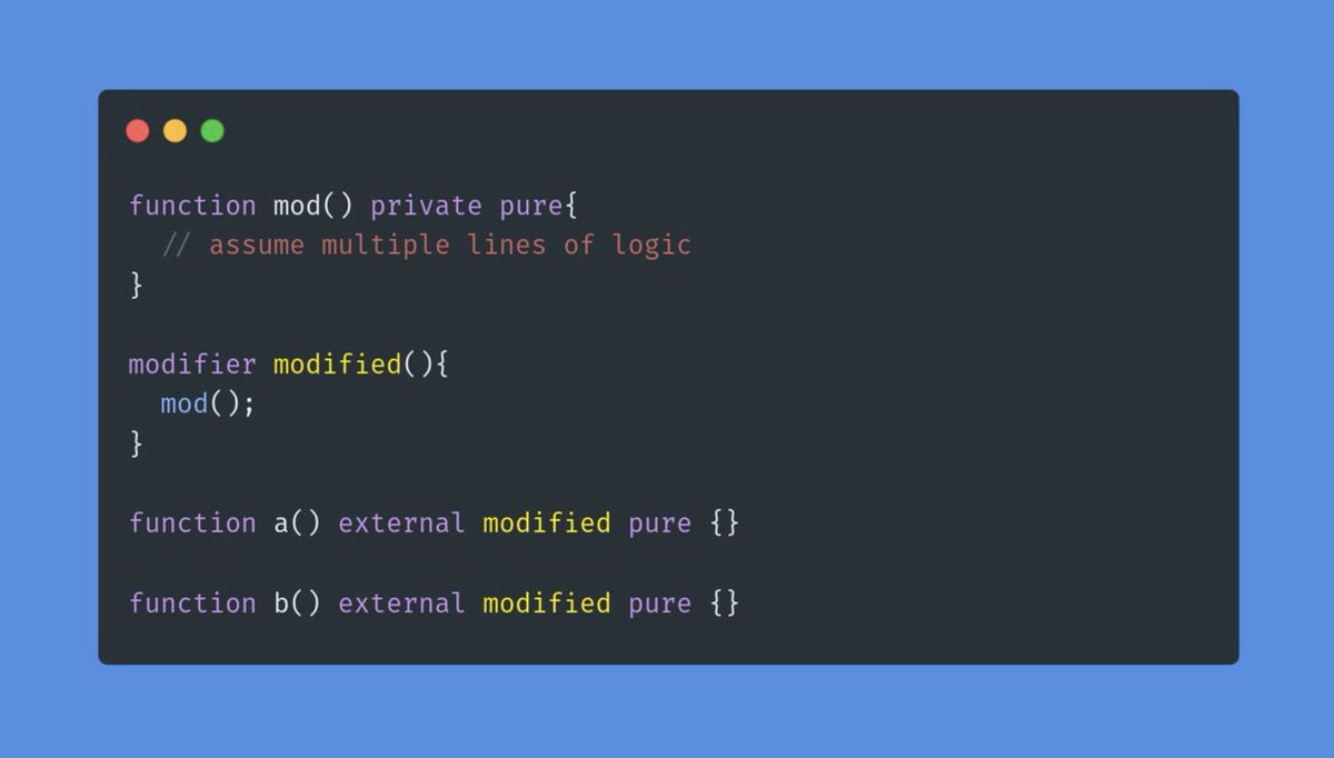 Interesting Solidity gas optimisation 🤔 #Ethereum

When you add a modifier to functions, the entire code of the modifier gets copied in all the functions.

It's more gas efficient to implement the logic of the modifier in another function and call it from inside the modifier.