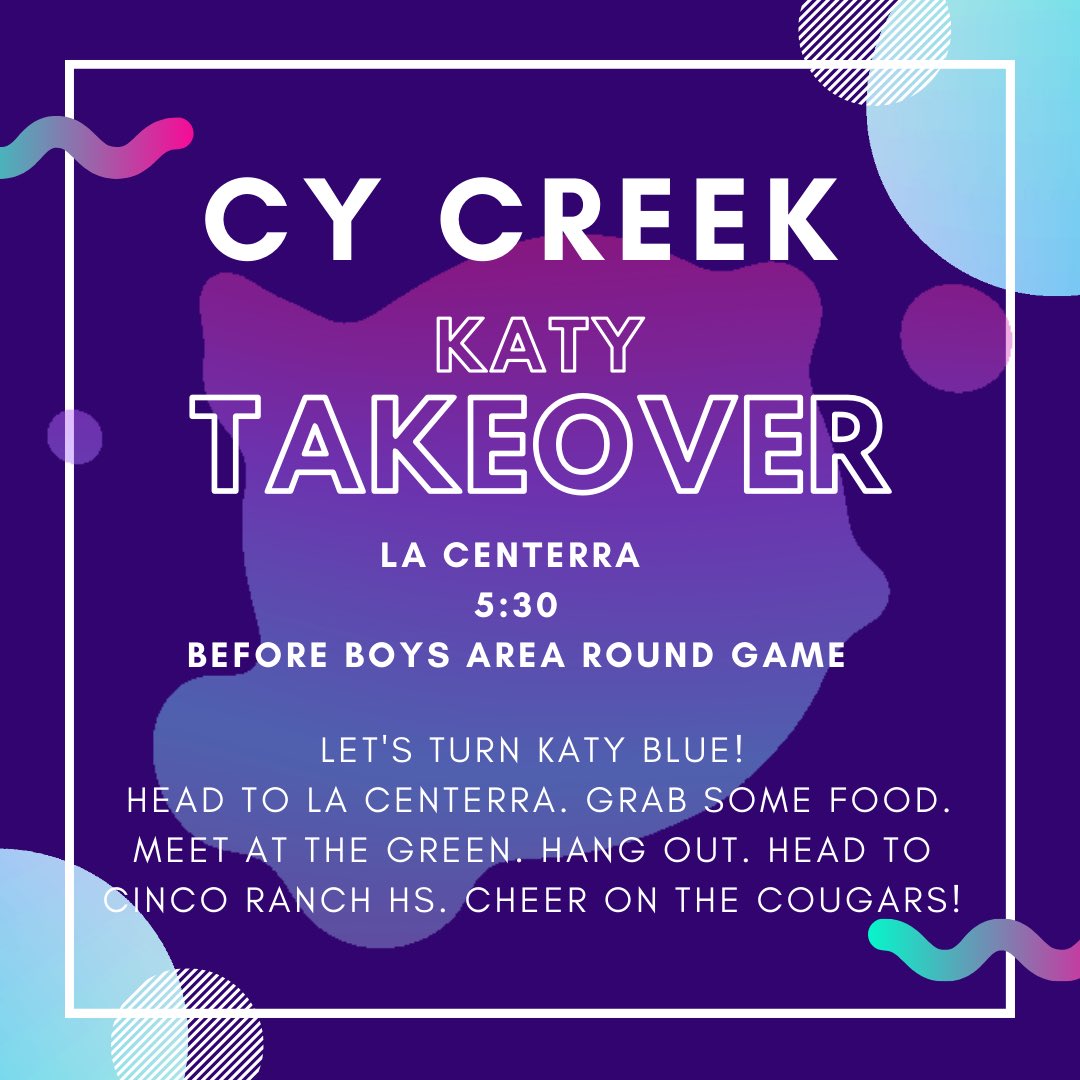 Head out to Cinco Ranch High tonight to cheer on your Boys Basketball Team in the Area Round! Let’s turn Katy BLUE!!!!