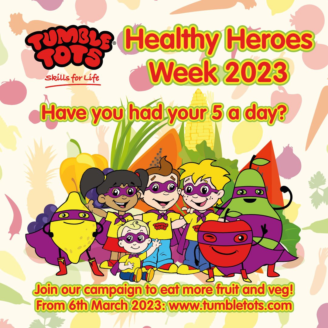 HEALTHY HEROES WEEK!🍎

Did you know that 86% of UK children under 5 do NOT get 5 a day?
Join <a href="/tumbletotshq/">Tumble Tots Baby & Toddler Gymnastics</a>  #HealthyHeroesWeek campaign from 6th March to encourage little ones to eat more fruit &amp; veg!

Take part, find out more of enter the competition at: bit.ly/tthhw2023