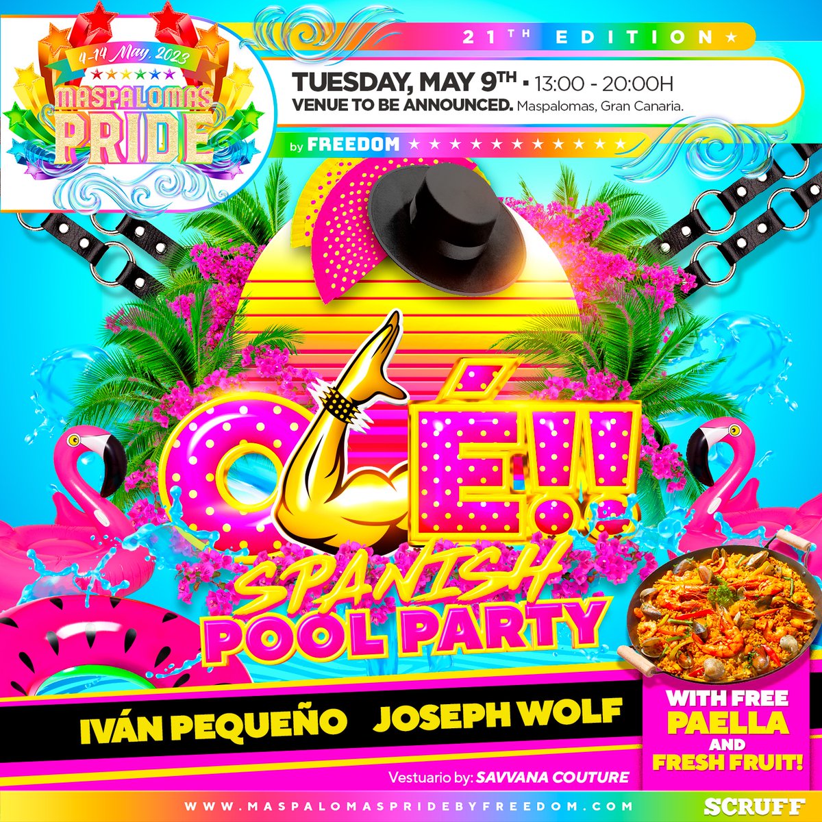 MaspaPride's tweet photo. Olé!! Spanish Pool Party 🇪🇸💃🥘
Official event 🗓️ Sunday May 7, 13:00/20:00h
🎧 Iván Pequeño &amp; Joseph Wolf
🎟️  https://t.co/VGlu8GDEH4
#MaspalomasPride #MaspalomasPrideByFreedom #Maspalomas #GranCanaria #VisitGranCanaria #IslasCanarias #CanaryIslands #MaspalomasCostaCanaria https://t.co/KqhF89zs3t